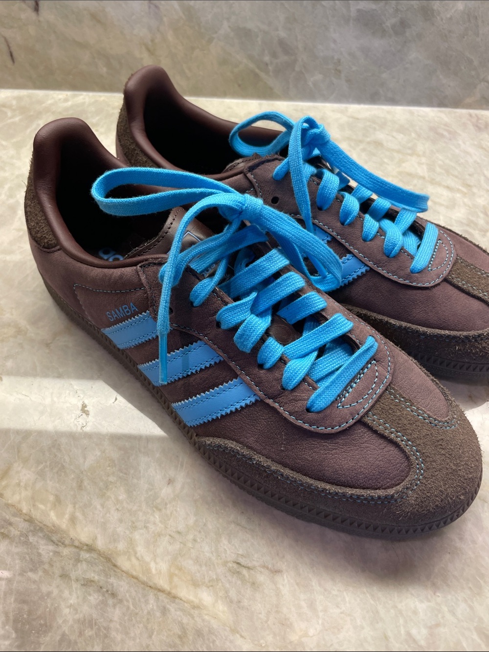 adidas Samba Brown Sneakers with Bright Blue Accents